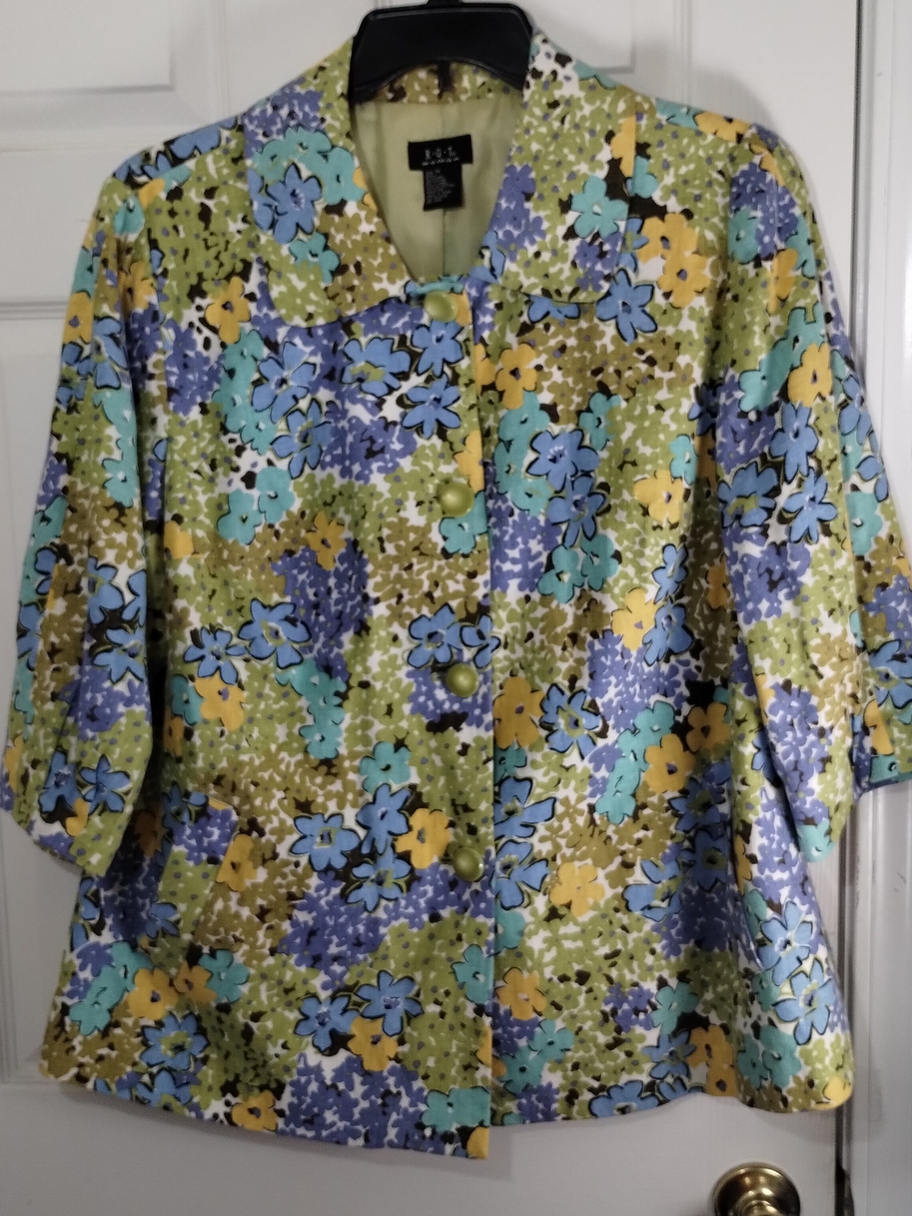 Plus Size Women’s Floral Print Linen blend Button-Front Jacket-3/4 Sleeves